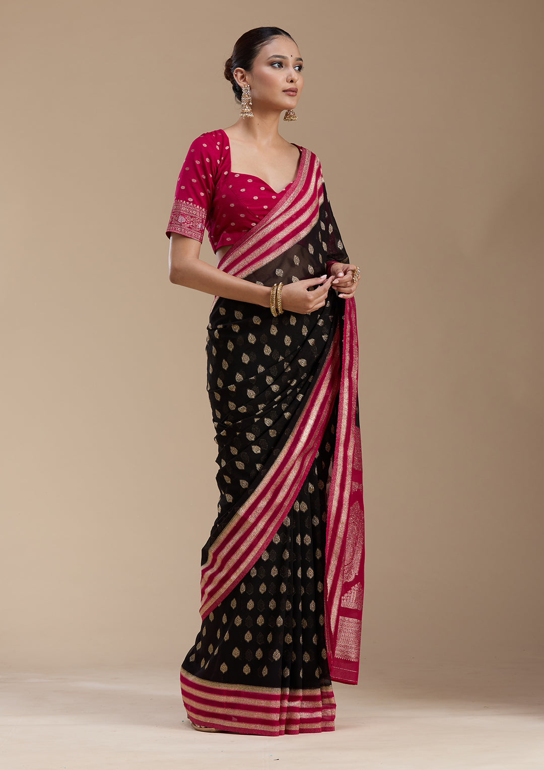 Black Georgette Buti Gold Zariwork Saree With Matching Blouse Piece