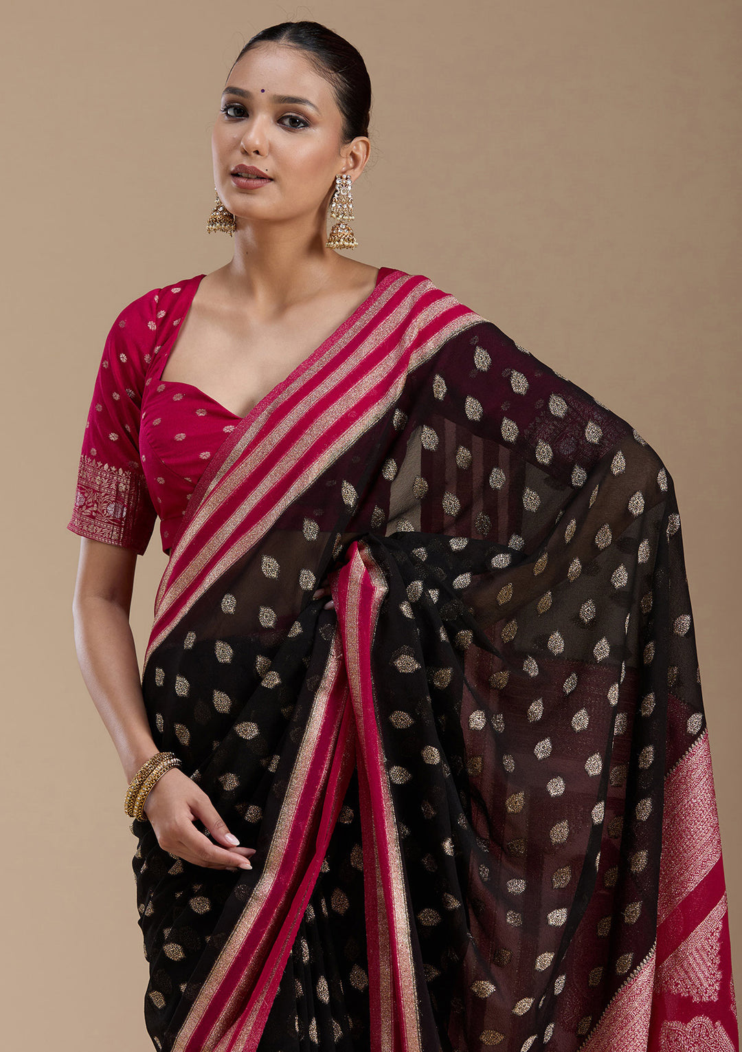Black Georgette Buti Gold Zariwork Saree With Matching Blouse Piece