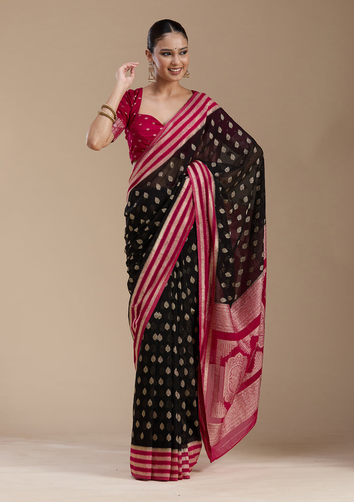 Black Georgette Buti Gold Zariwork Saree With Matching Blouse Piece