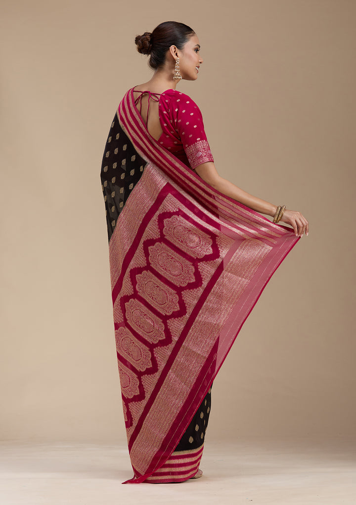 Black Georgette Buti Gold Zariwork Saree With Matching Blouse Piece