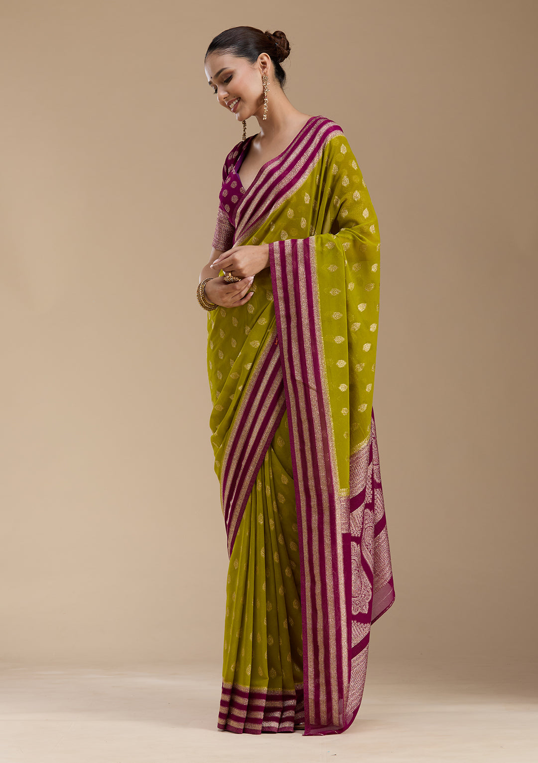 Parrot Green Zariwork (Gold) Georgette Silk_Saree