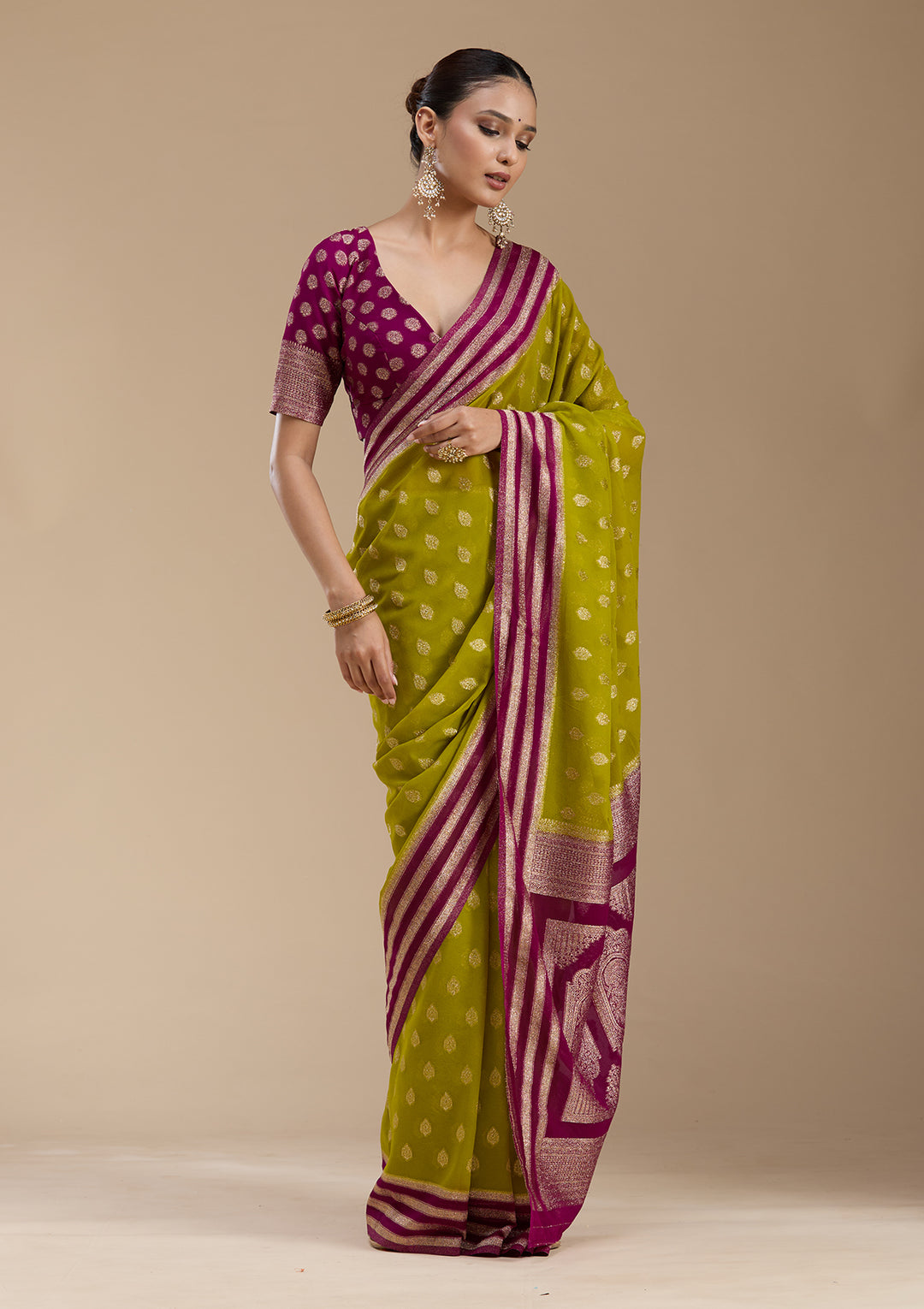 Parrot Green Zariwork (Gold) Georgette Silk_Saree
