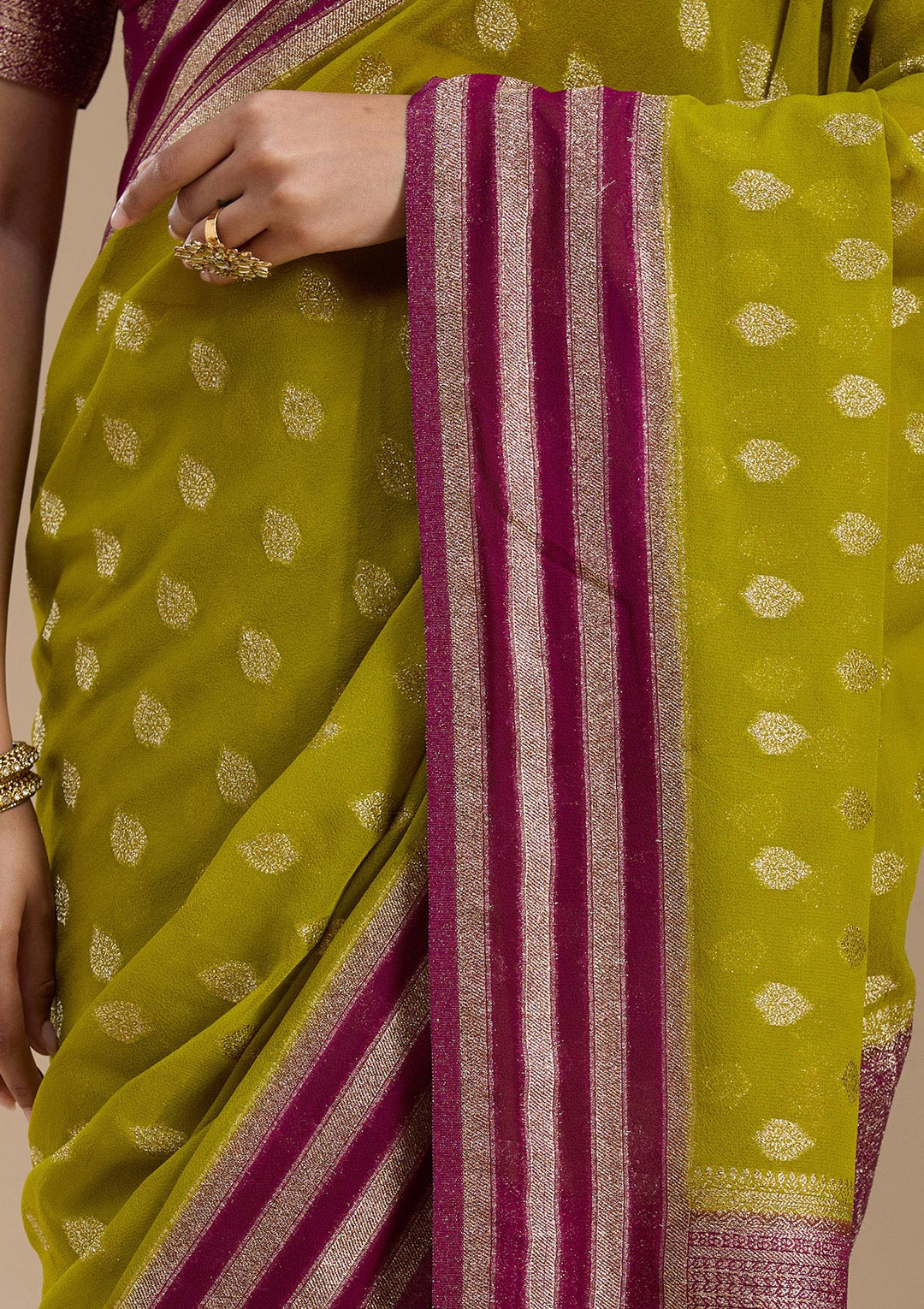 Parrot Green Zariwork (Gold) Georgette Silk_Saree