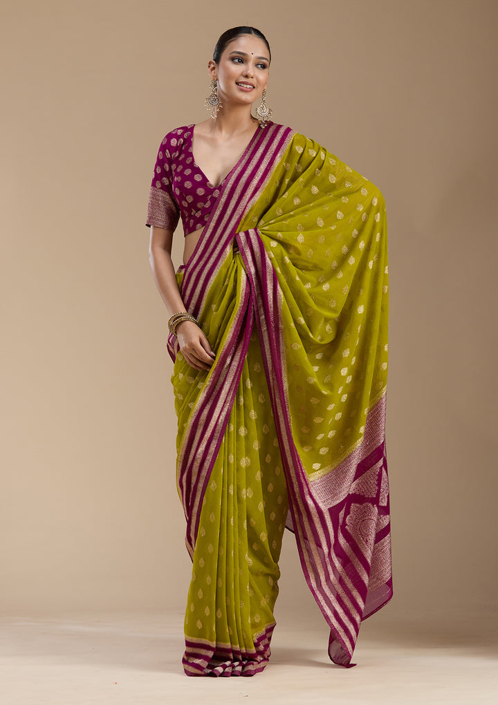 Parrot Green Zariwork (Gold) Georgette Silk_Saree