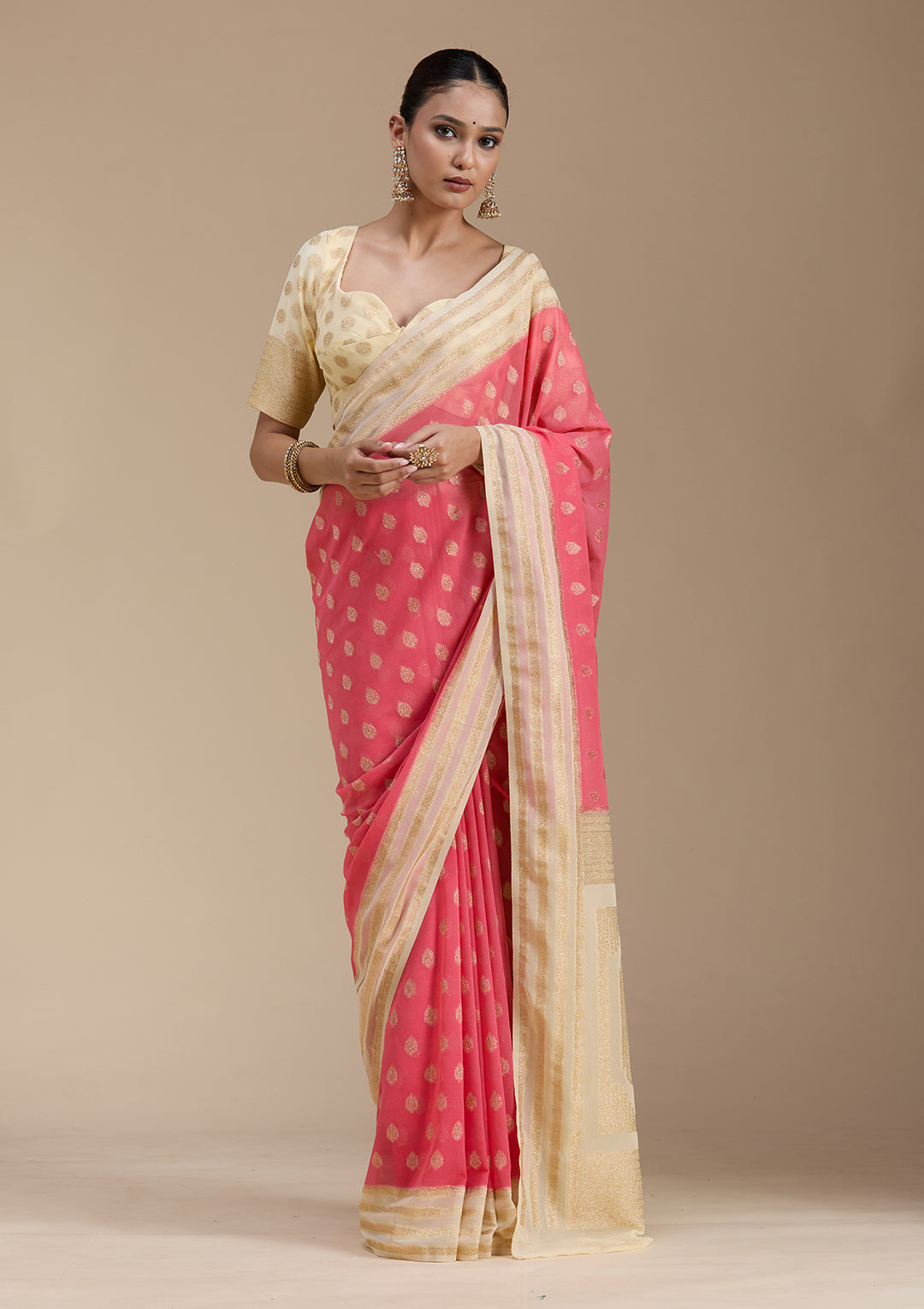Peach Georgette Buti Gold Zariwork Saree With Matching Blouse Piece