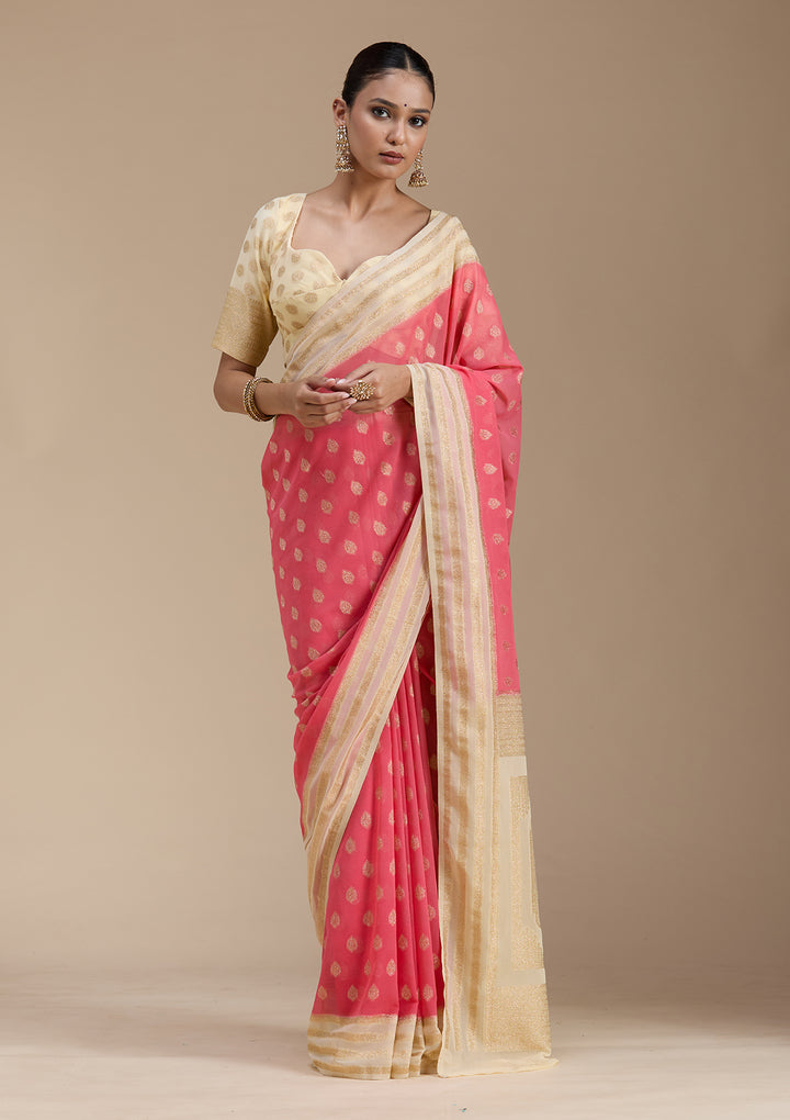 Peach Georgette Buti Gold Zariwork Saree With Matching Blouse Piece