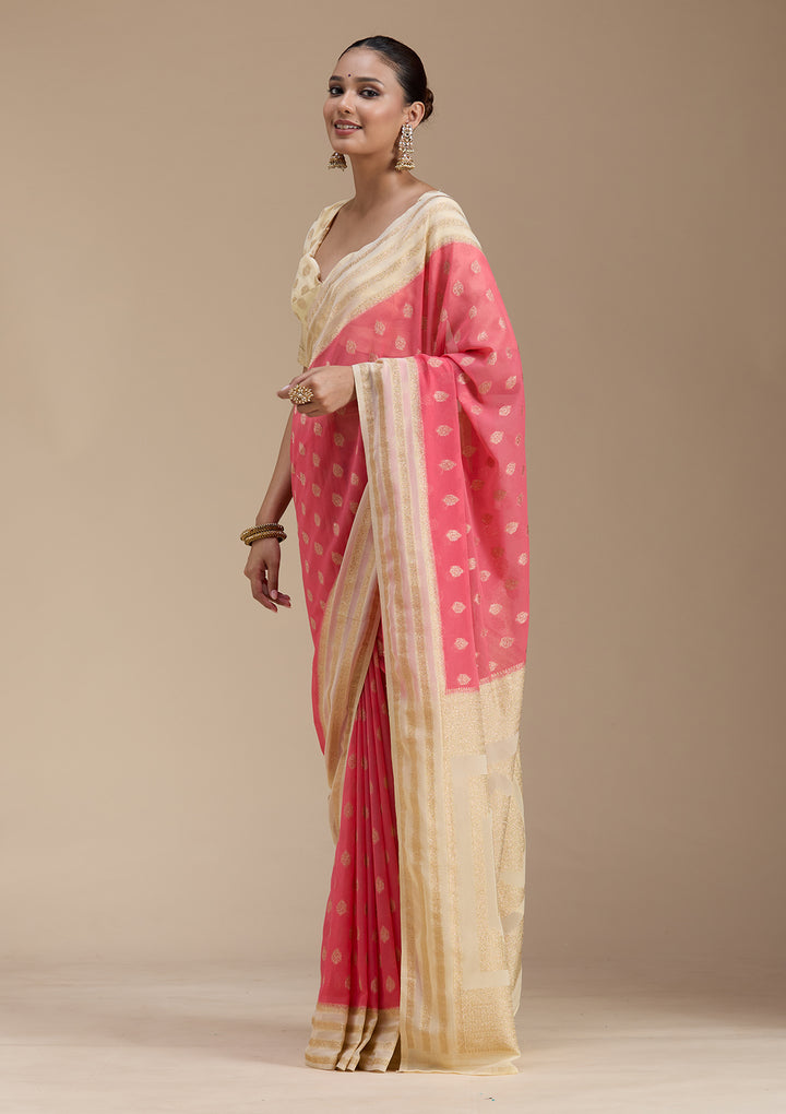 Peach Georgette Buti Gold Zariwork Saree With Matching Blouse Piece