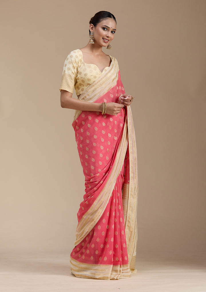 Peach Georgette Buti Gold Zariwork Saree With Matching Blouse Piece