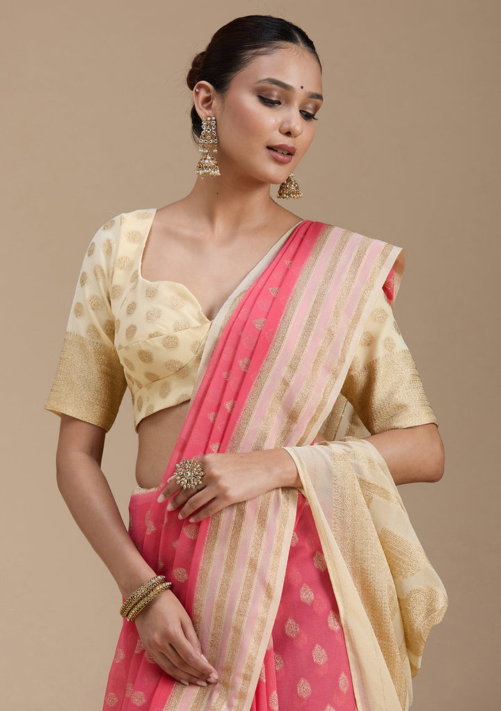 Peach Georgette Buti Gold Zariwork Saree With Matching Blouse Piece