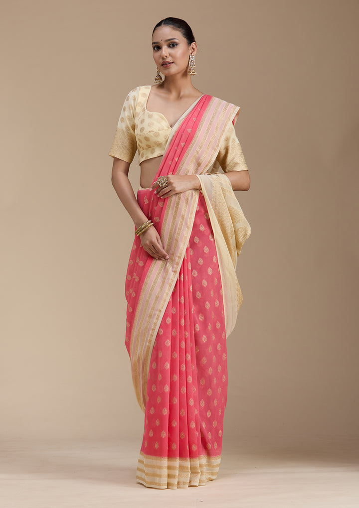 Peach Georgette Buti Gold Zariwork Saree With Matching Blouse Piece