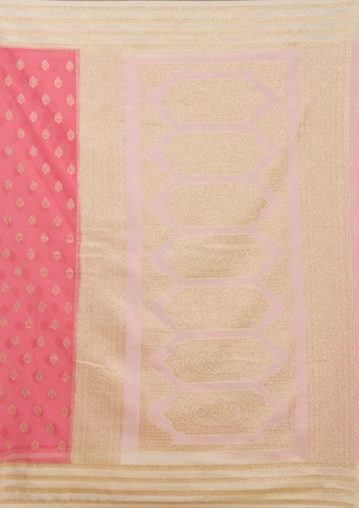 Peach Georgette Buti Gold Zariwork Saree With Matching Blouse Piece