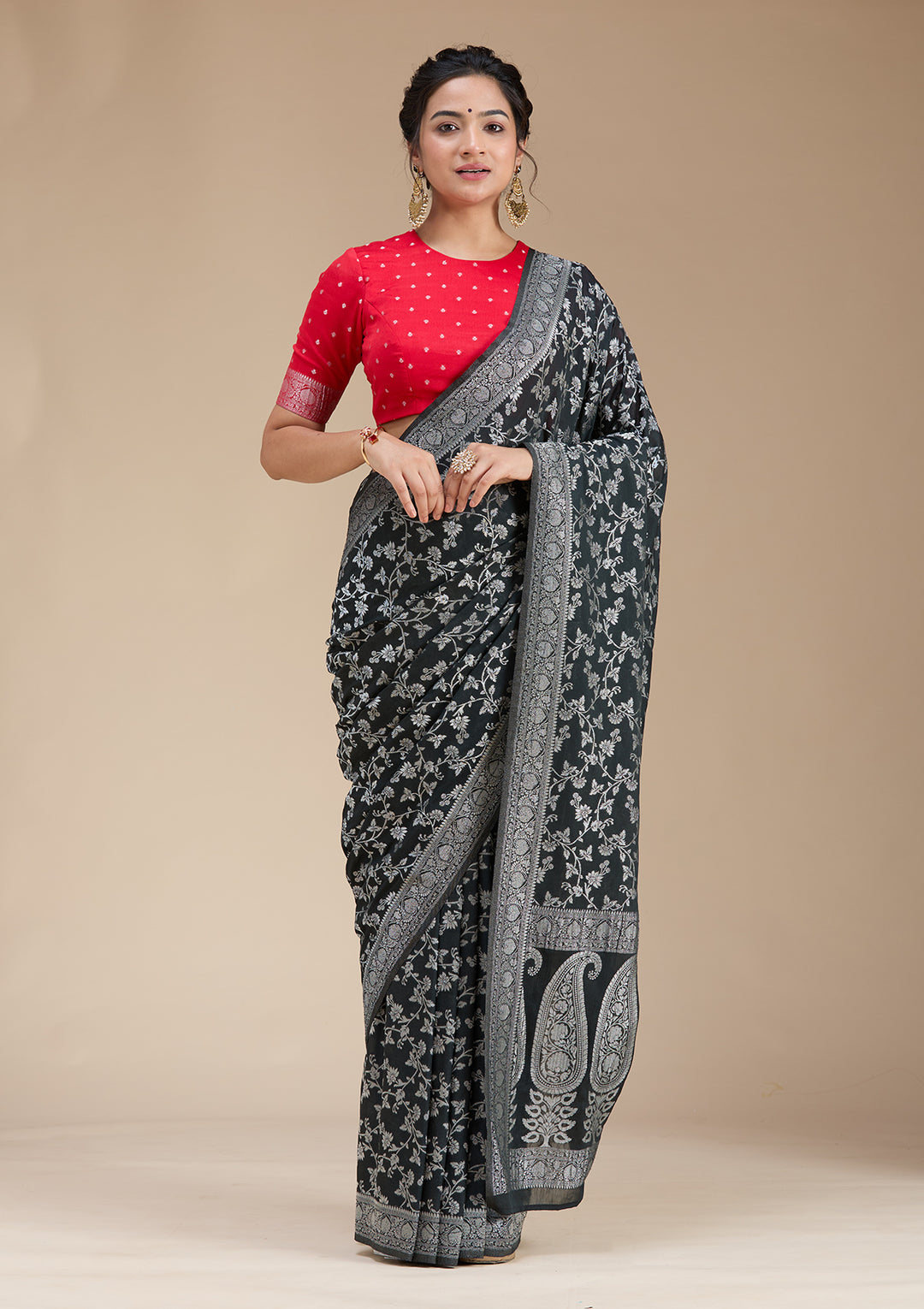 Black Georgette Jaal Gold Zariwork Saree With Matching Blouse Piece