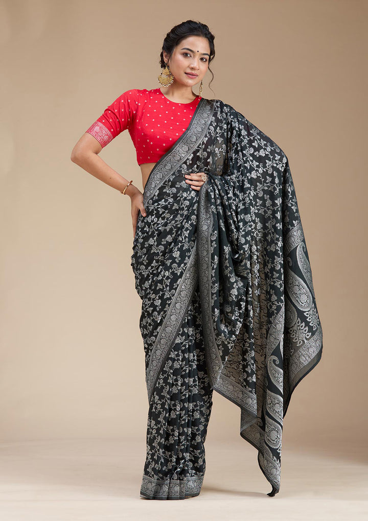 Black Georgette Jaal Gold Zariwork Saree With Matching Blouse Piece