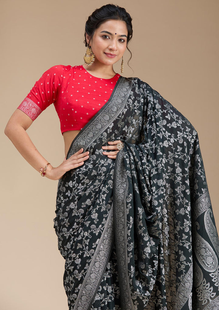 Black Georgette Jaal Gold Zariwork Saree With Matching Blouse Piece