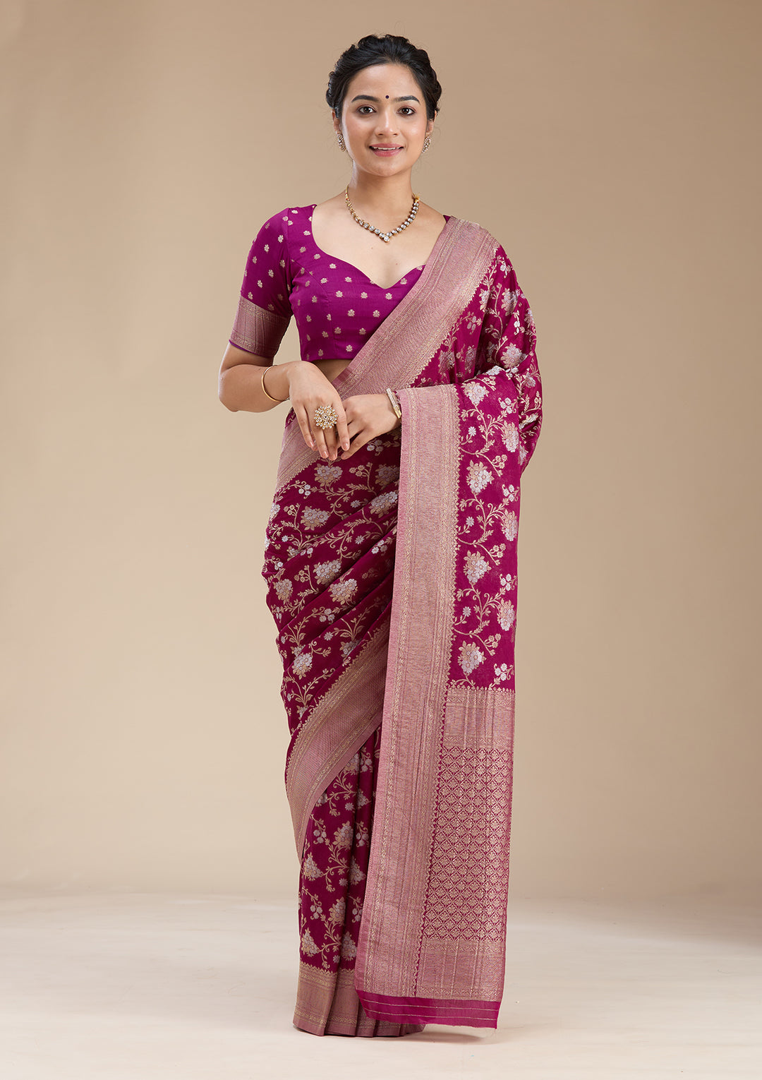 Wine Georgette Jaal Gold Zariwork Saree With Matching Blouse Piece