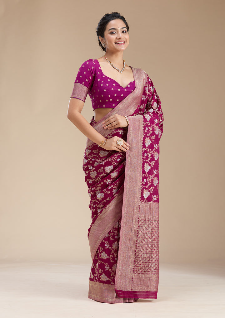 Wine Georgette Jaal Gold Zariwork Saree With Matching Blouse Piece