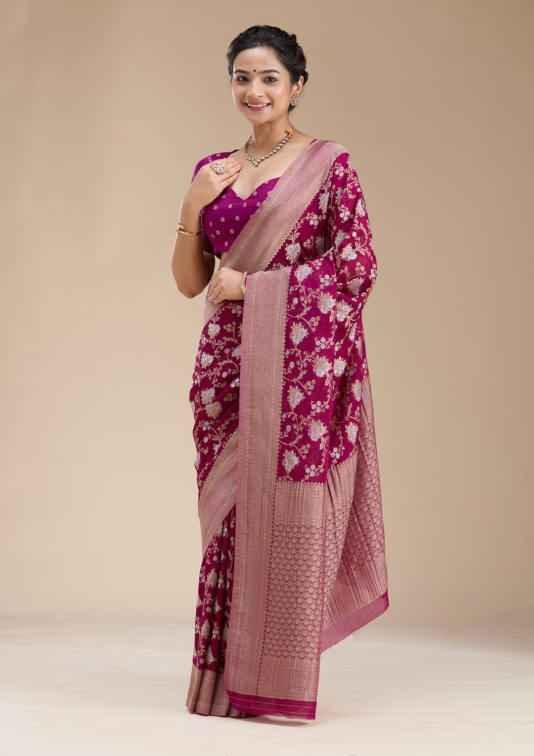 Wine Georgette Jaal Gold Zariwork Saree With Matching Blouse Piece