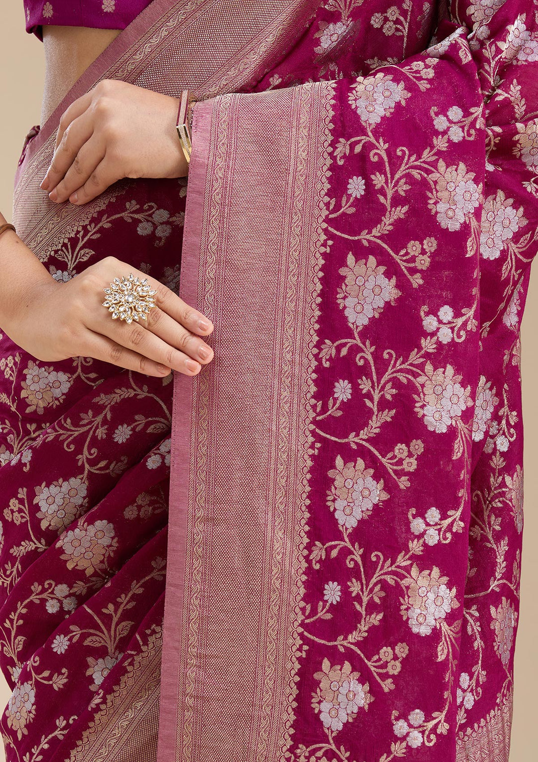 Wine Georgette Jaal Gold Zariwork Saree With Matching Blouse Piece