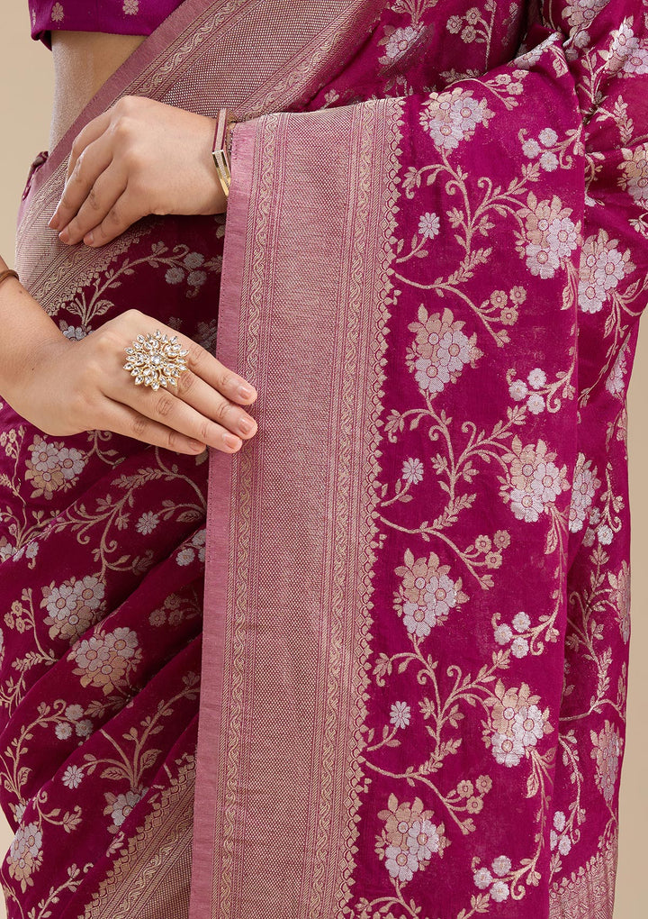 Wine Georgette Jaal Gold Zariwork Saree With Matching Blouse Piece