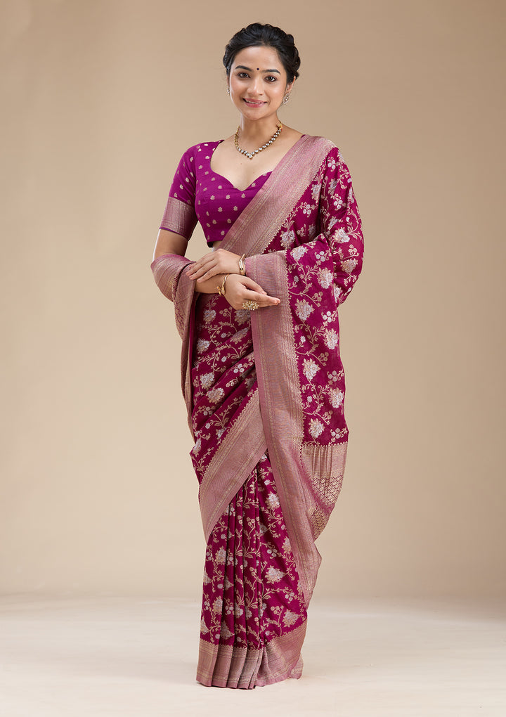 Wine Georgette Jaal Gold Zariwork Saree With Matching Blouse Piece