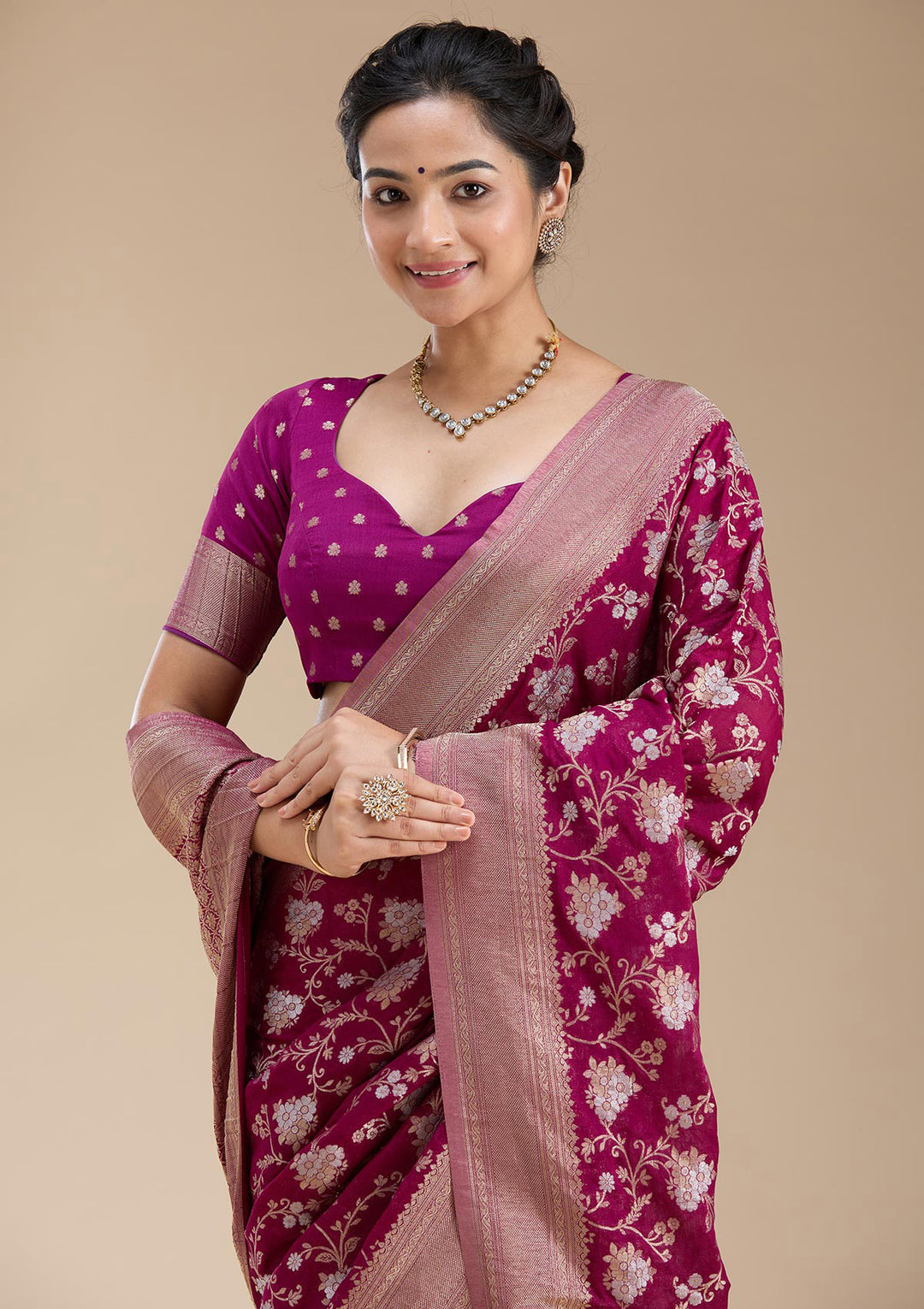 Wine Georgette Jaal Gold Zariwork Saree With Matching Blouse Piece