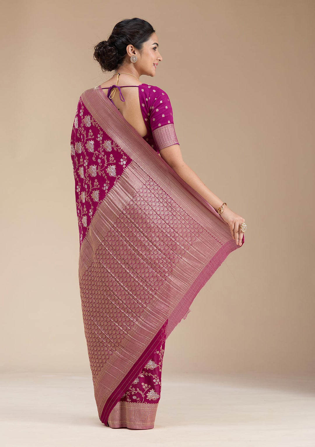 Wine Georgette Jaal Gold Zariwork Saree With Matching Blouse Piece