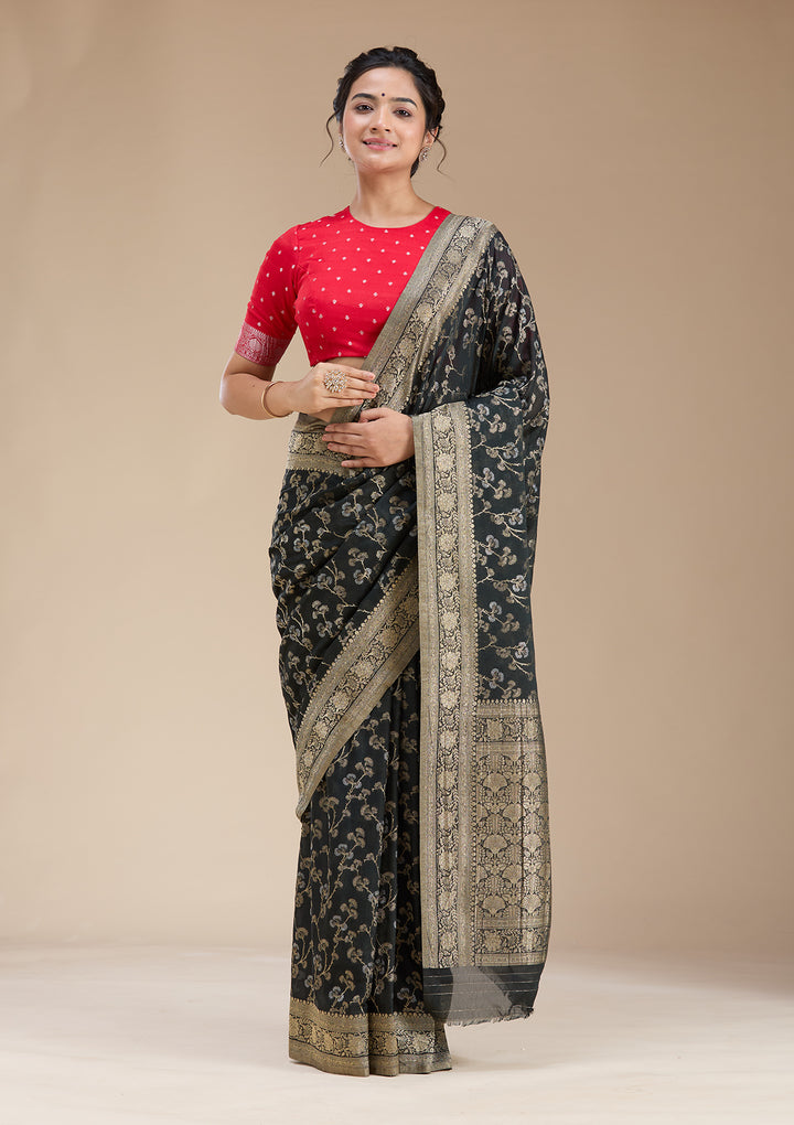 Black Georgette Banarasi Gold Zariwork Saree With Matching Blouse Piece