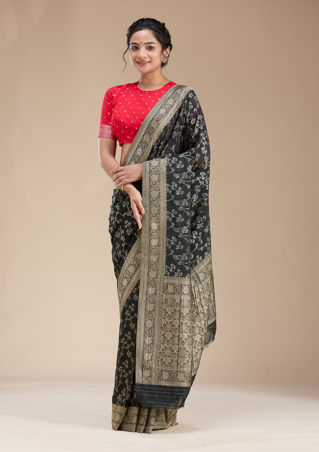Black Georgette Banarasi Gold Zariwork Saree With Matching Blouse Piece