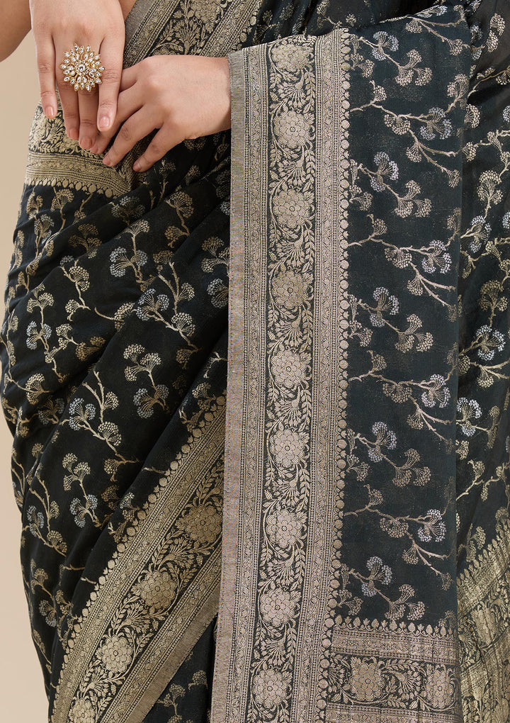 Black Georgette Banarasi Gold Zariwork Saree With Matching Blouse Piece