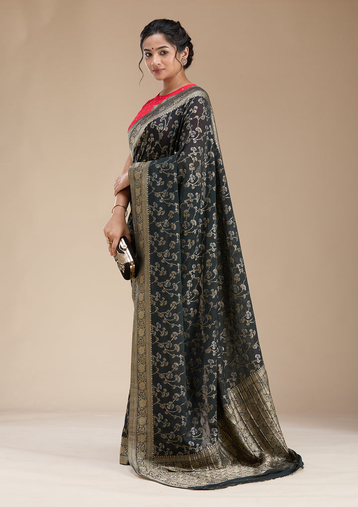 Black Georgette Banarasi Gold Zariwork Saree With Matching Blouse Piece