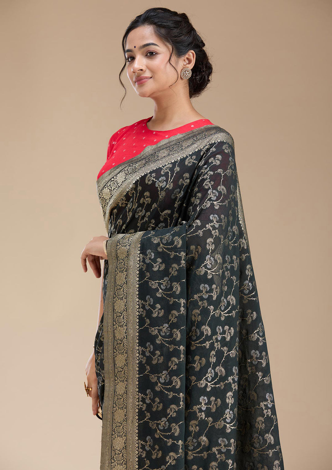 Black Georgette Banarasi Gold Zariwork Saree With Matching Blouse Piece