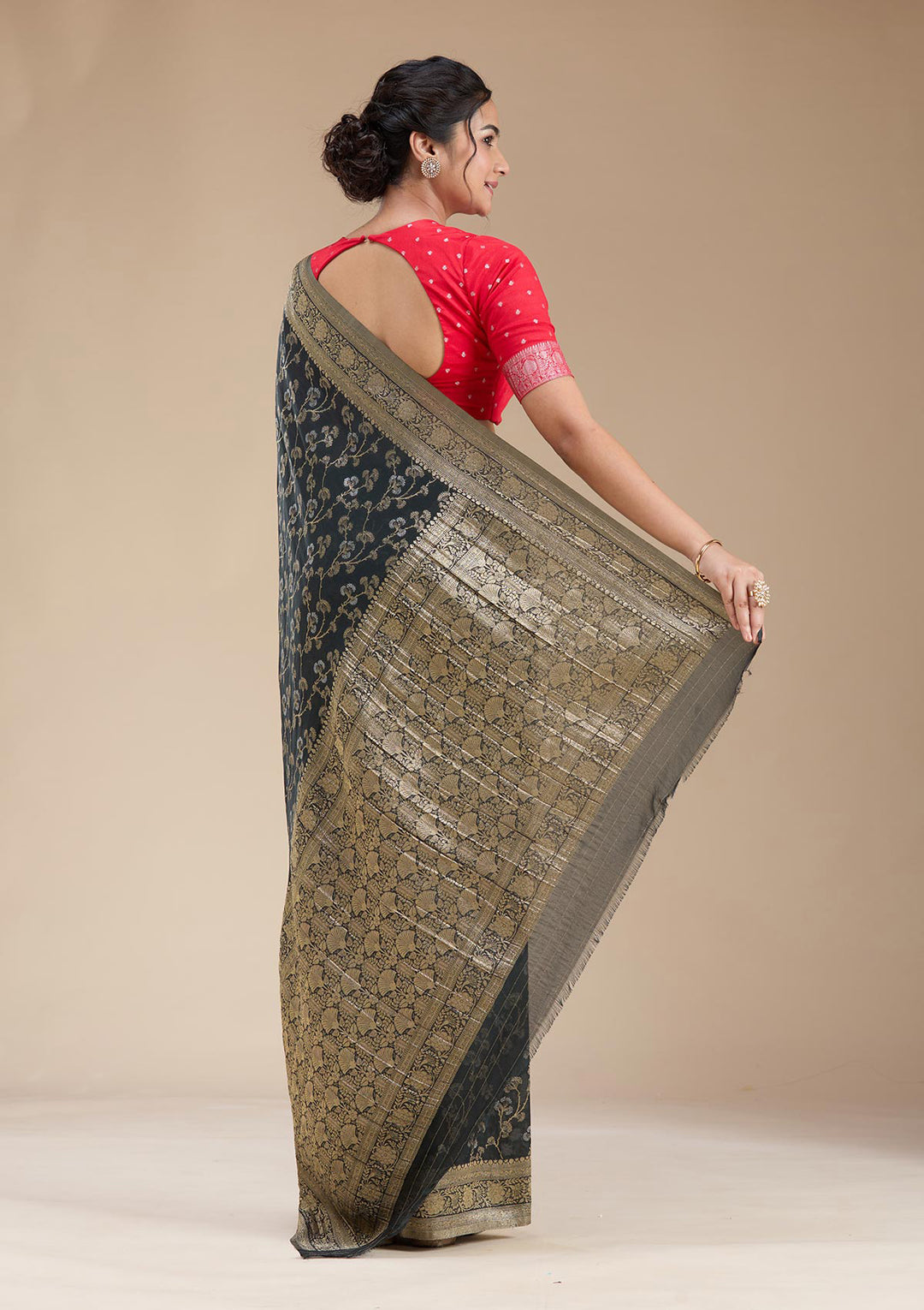 Black Georgette Banarasi Gold Zariwork Saree With Matching Blouse Piece