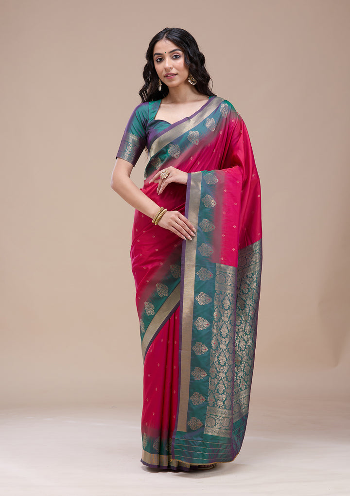 Rani Pink Silk Buti Gold Zariwork Saree With Matching Blouse Piece