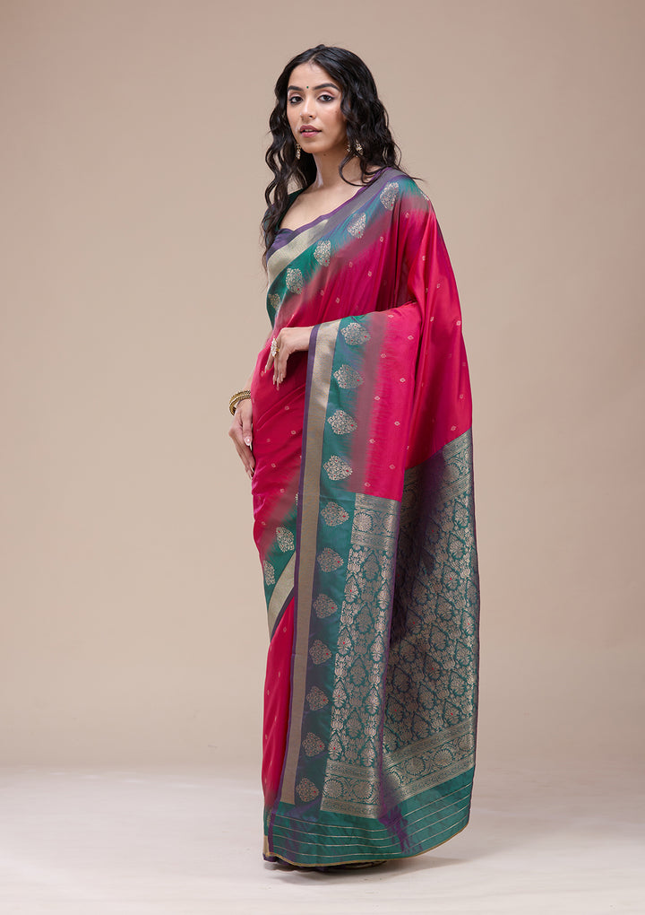 Rani Pink Silk Buti Gold Zariwork Saree With Matching Blouse Piece