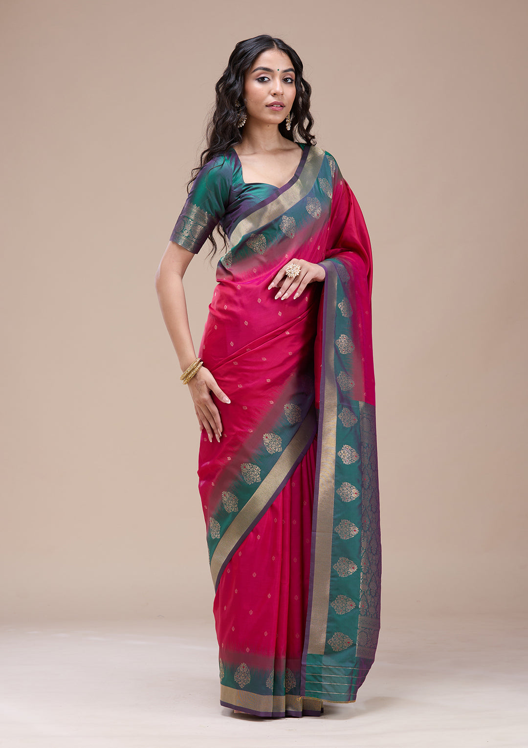 Rani Pink Silk Buti Gold Zariwork Saree With Matching Blouse Piece