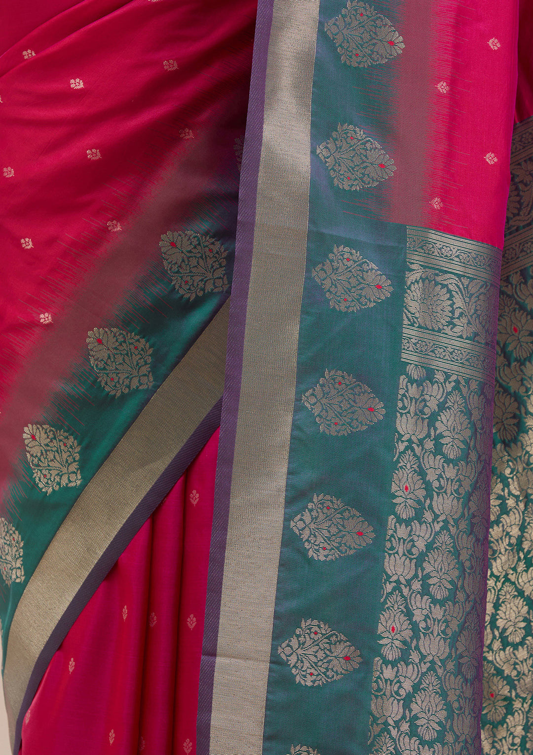 Rani Pink Silk Buti Gold Zariwork Saree With Matching Blouse Piece