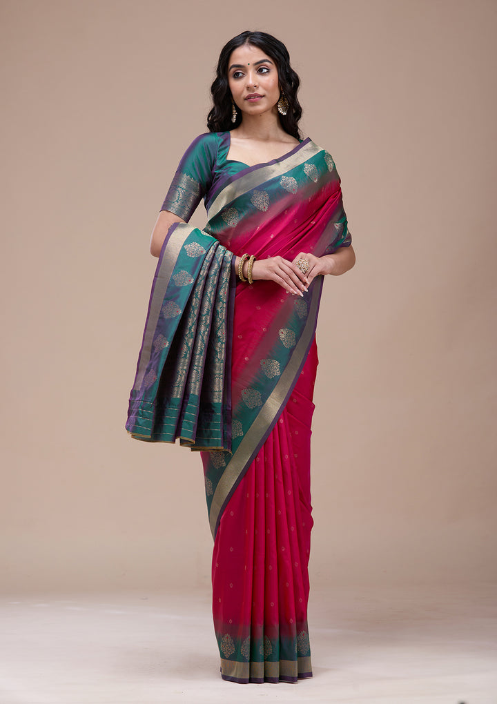 Rani Pink Silk Buti Gold Zariwork Saree With Matching Blouse Piece