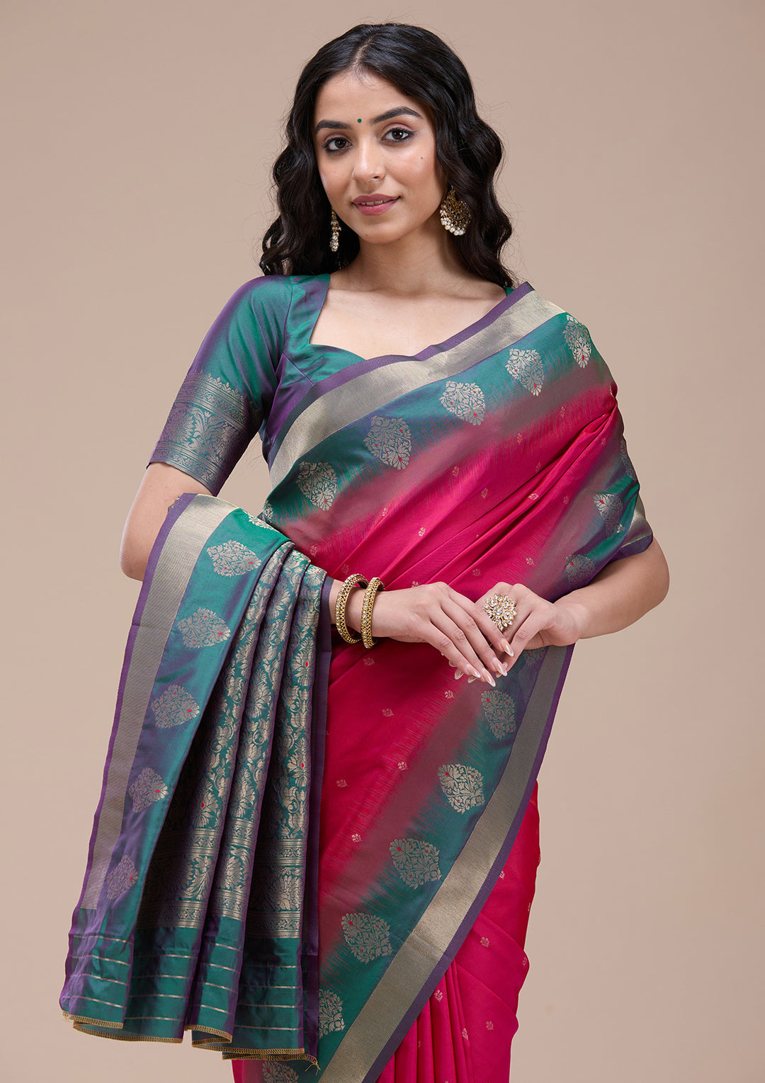 Rani Pink Silk Buti Gold Zariwork Saree With Matching Blouse Piece