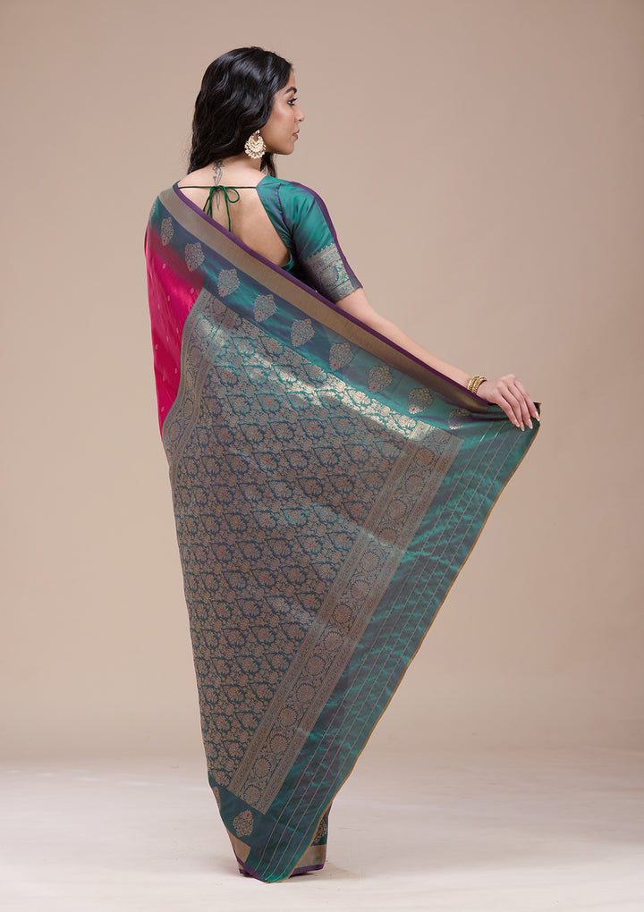 Rani Pink Silk Buti Gold Zariwork Saree With Matching Blouse Piece