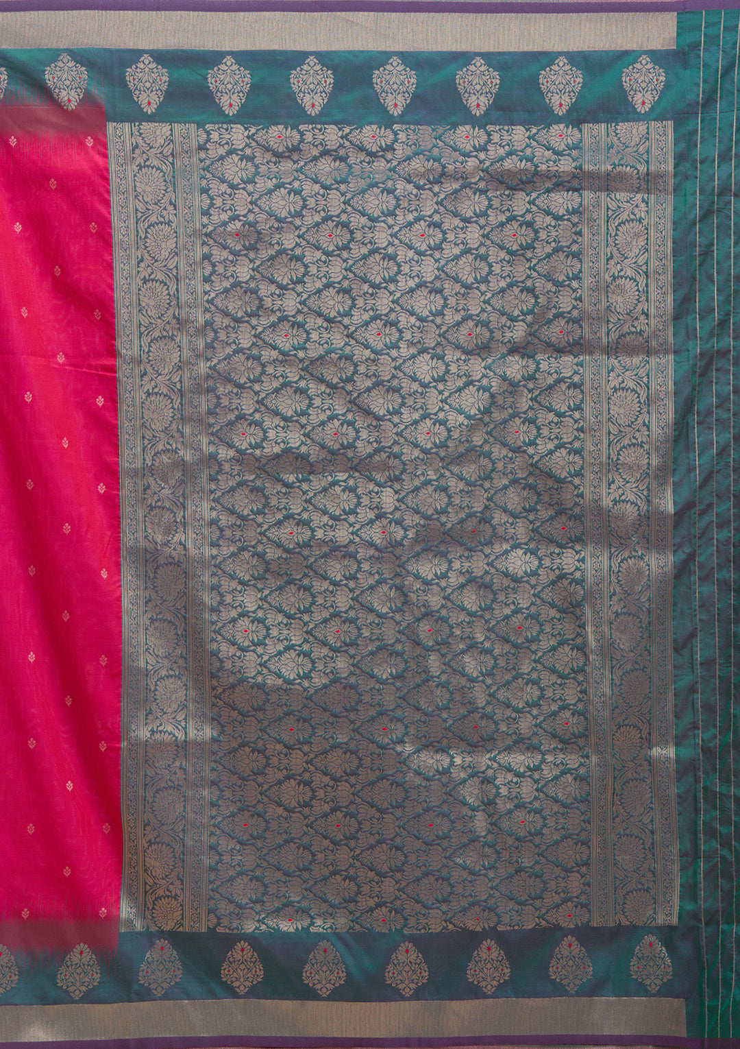 Rani Pink Silk Buti Gold Zariwork Saree With Matching Blouse Piece