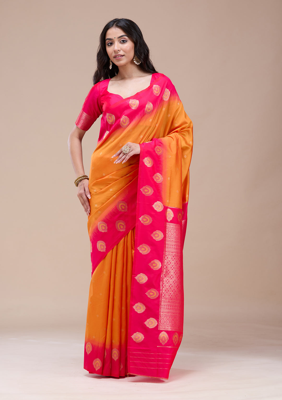 Orange Silk Buti Gold Zariwork Saree With Matching Blouse Piece