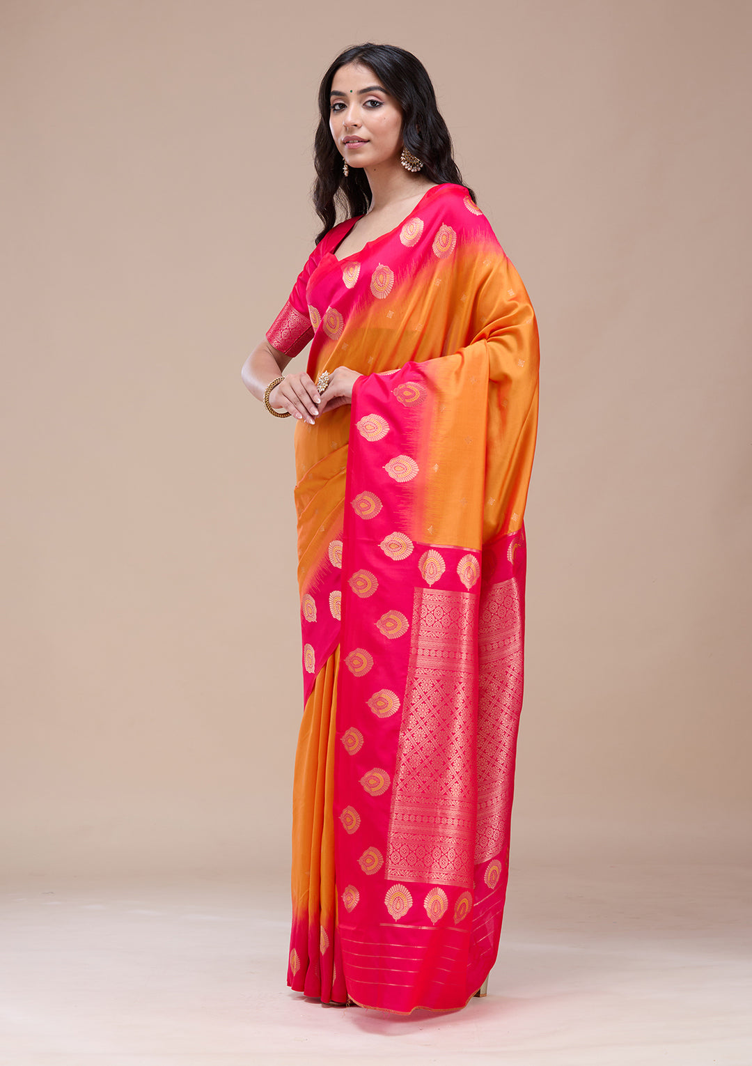 Orange Silk Buti Gold Zariwork Saree With Matching Blouse Piece