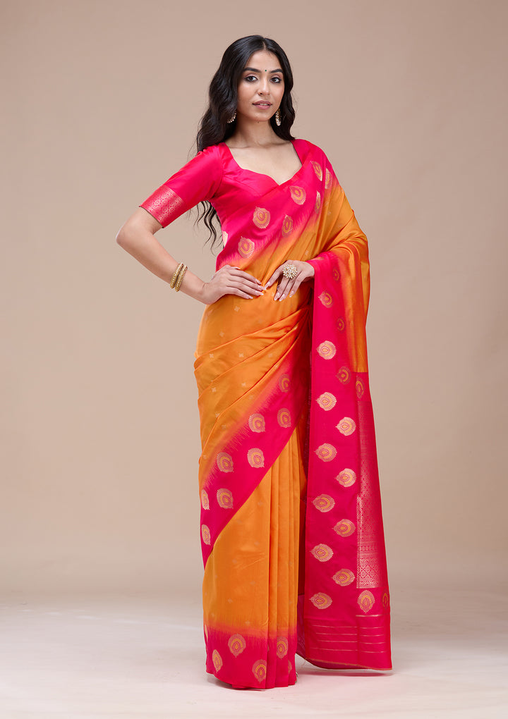 Orange Silk Buti Gold Zariwork Saree With Matching Blouse Piece