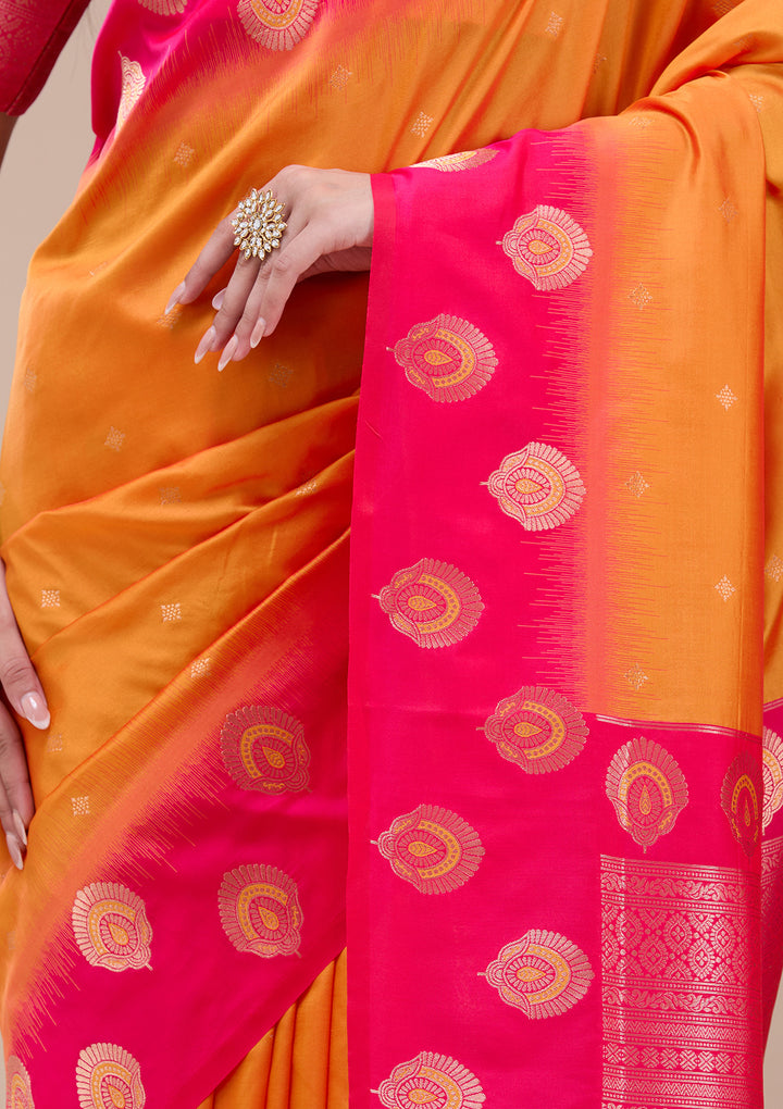 Orange Silk Buti Gold Zariwork Saree With Matching Blouse Piece
