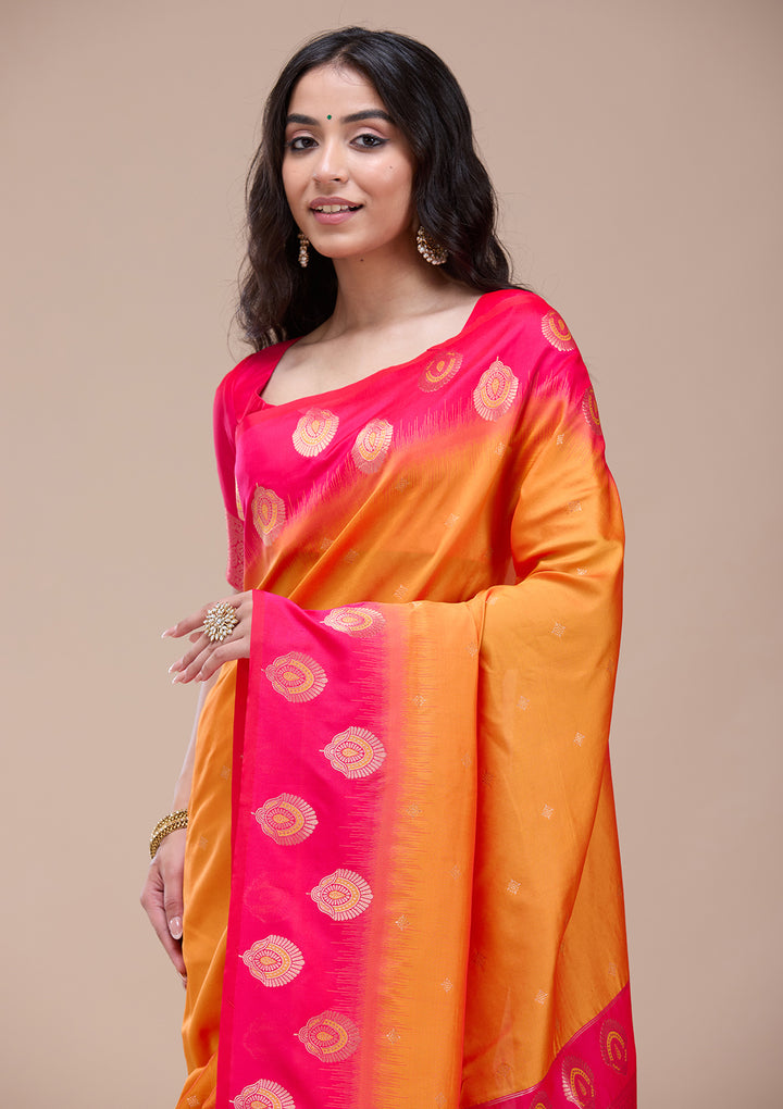 Orange Silk Buti Gold Zariwork Saree With Matching Blouse Piece