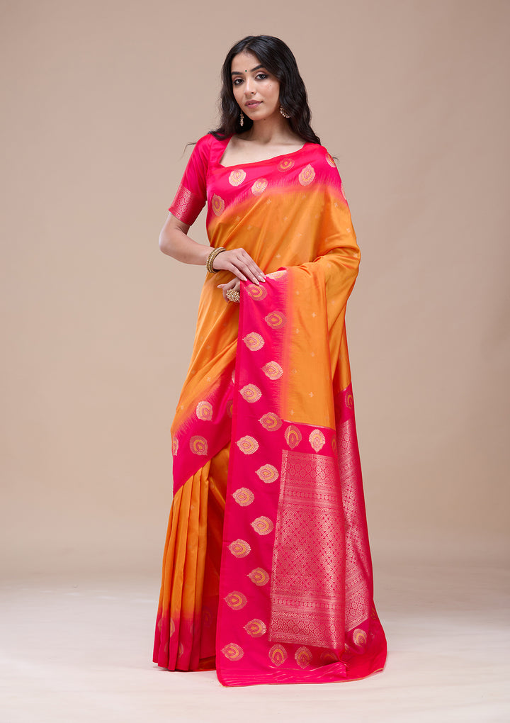 Orange Silk Buti Gold Zariwork Saree With Matching Blouse Piece