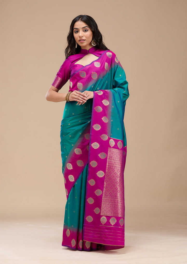 Rama Green Silk Buti Gold Zariwork Saree With Matching Blouse Piece