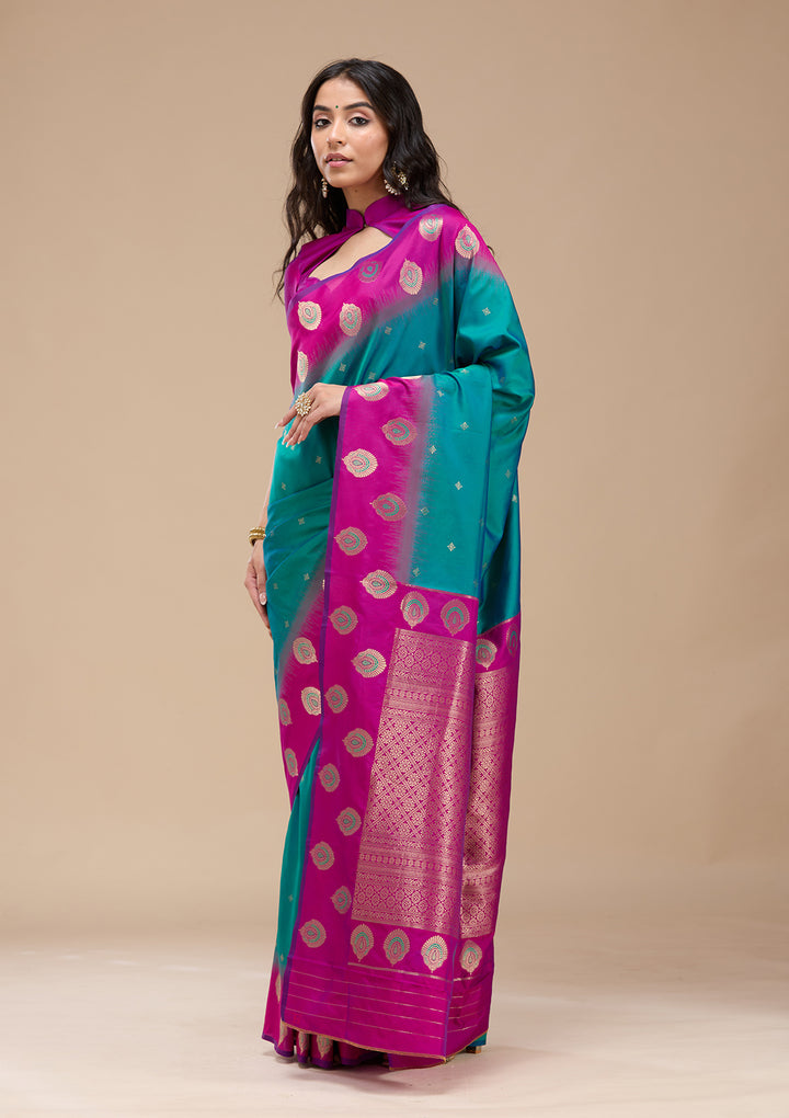 Rama Green Silk Buti Gold Zariwork Saree With Matching Blouse Piece