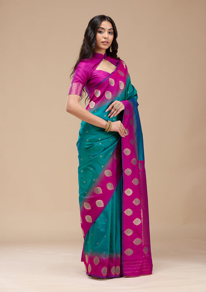 Rama Green Silk Buti Gold Zariwork Saree With Matching Blouse Piece