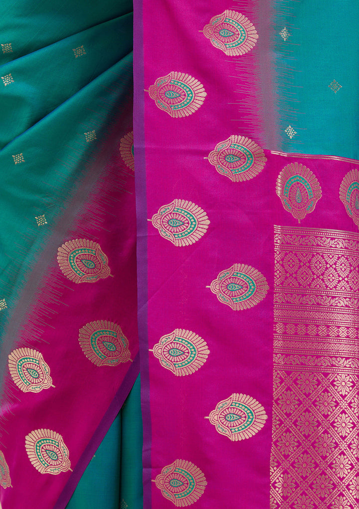 Rama Green Silk Buti Gold Zariwork Saree With Matching Blouse Piece